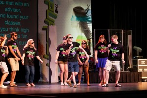 Upperclassmen welcome incoming students and their families to Belmont during summer orientation session Towering Traditions.