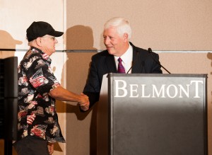 A-Team session musician Charlie McCoy greets Belmont President Dr. Bob Fisher.