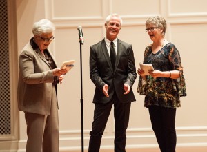 CVPA Dean Dr. Cynthia Curtis (l) and Marjorie Halbert (r) present the Encore Award to alumnus Greg Walter.