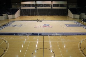 The Curb Event Center Arena floor is being refinished this week to add the OVC logo.